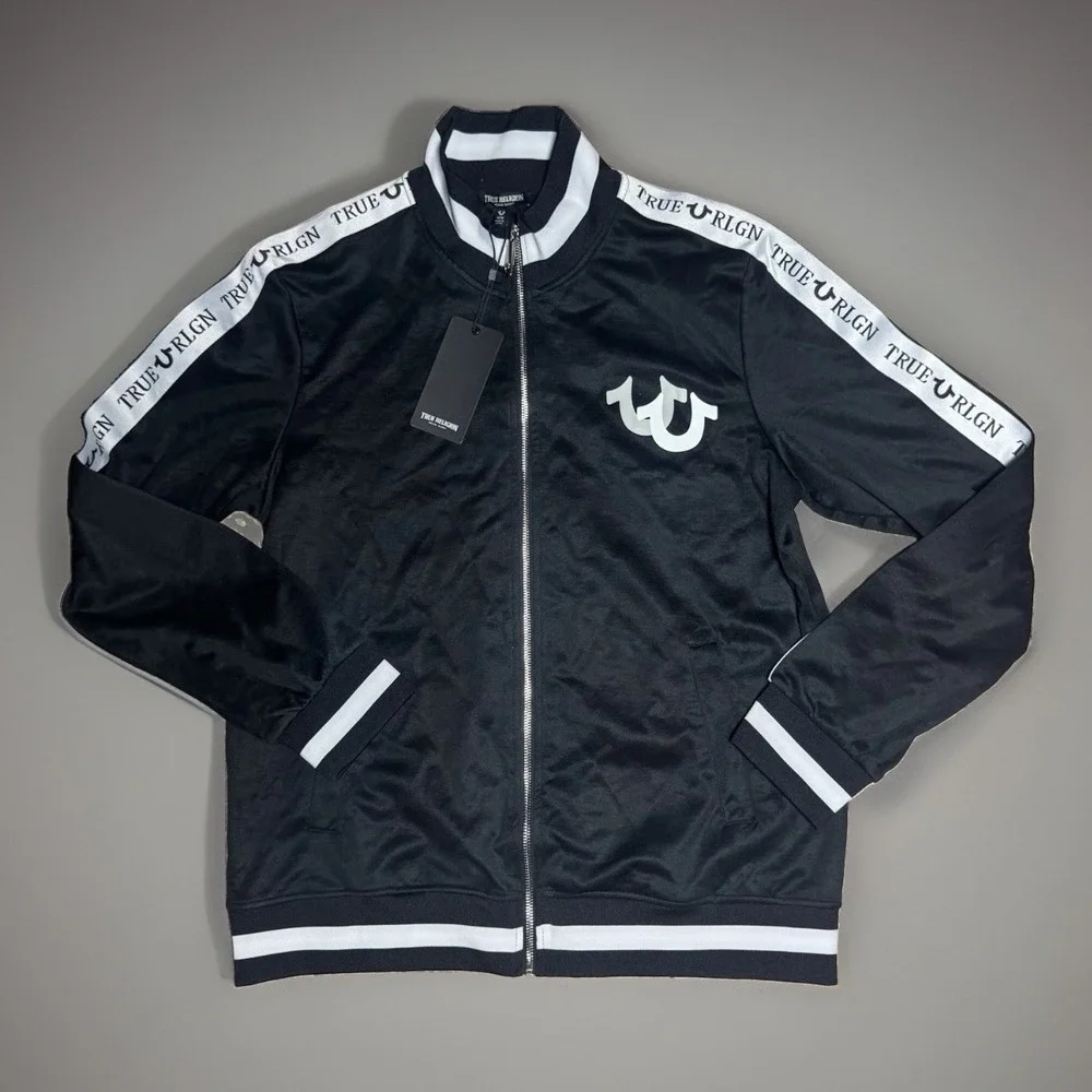 True Religion Tape Track Jacket Mens M Black Full Zip Logo NWT Style 506950